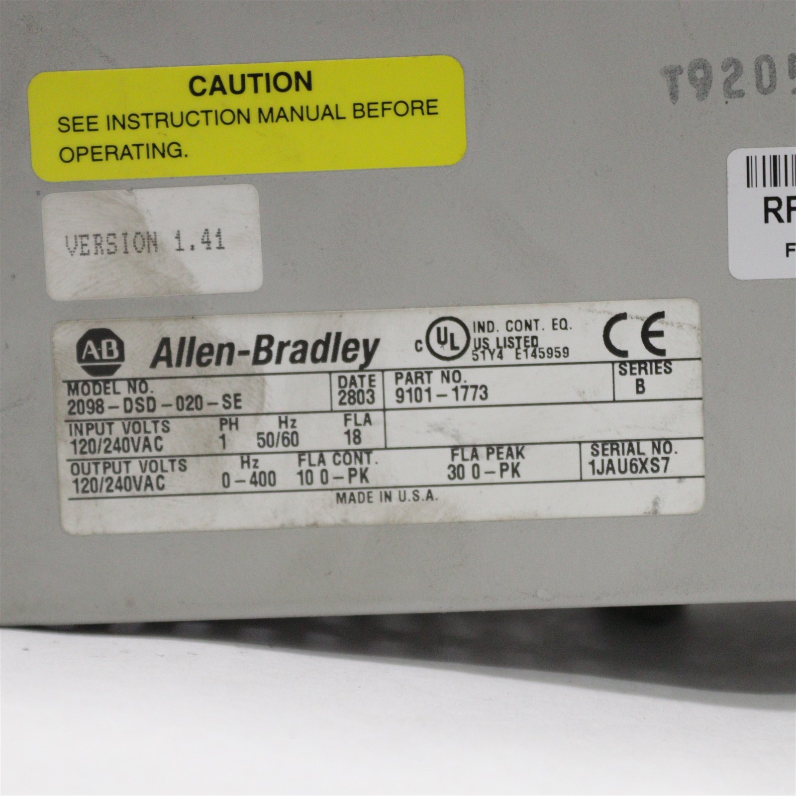 ALLEN BRADLEY ULTRA3000 DIGITAL SERVO DRIVE SER B FIRMWARE V1.41 2098-DSD-020-SE