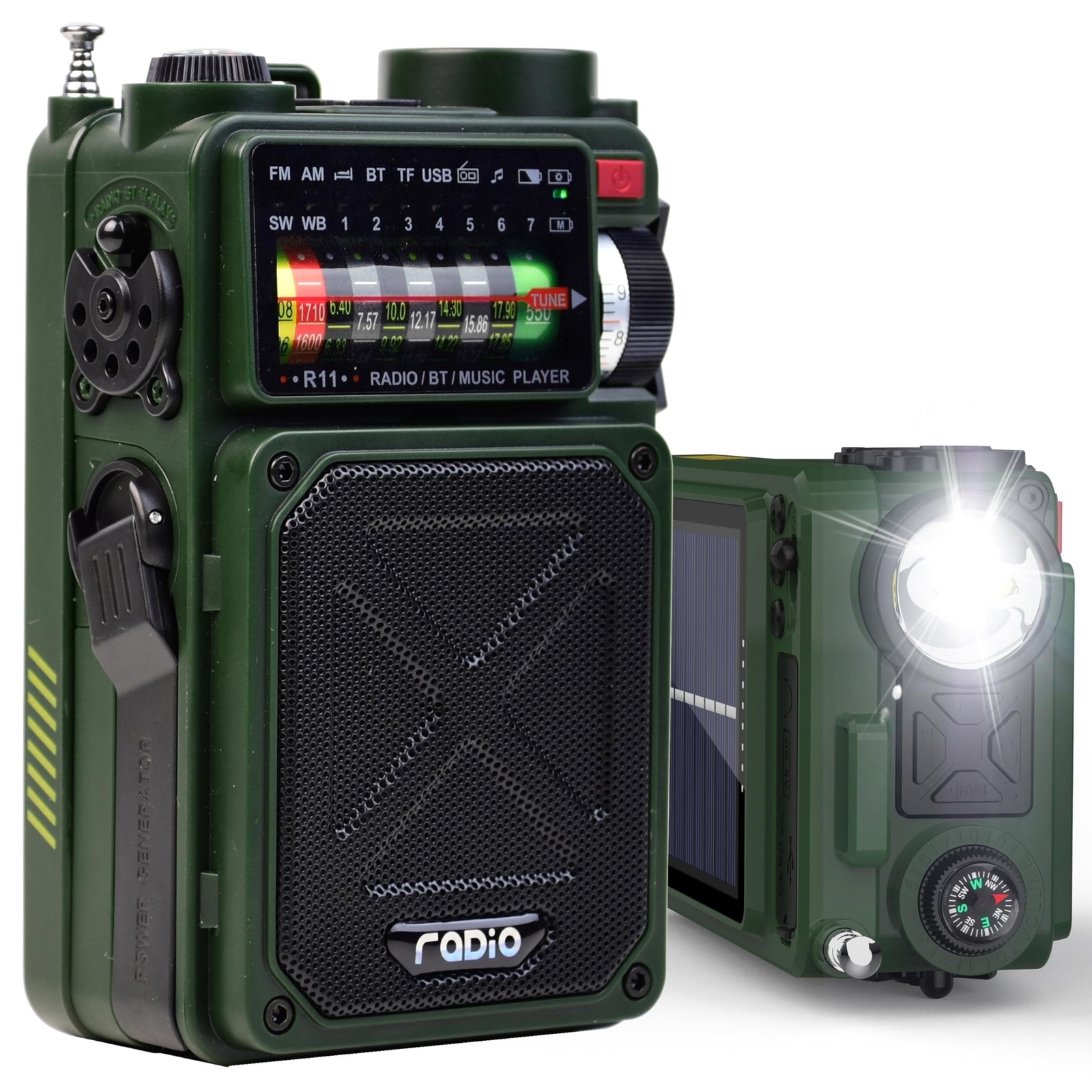 Jazmm 250328-R11-Green Solar Emergency Radio with 4000mAh Power Bank, Hand