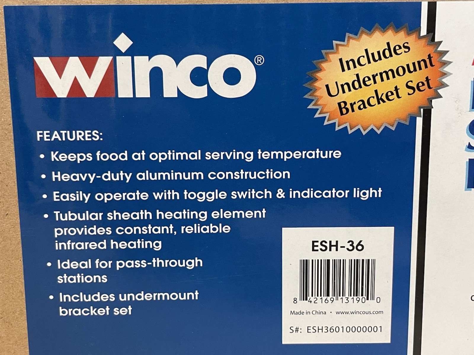 Winco ESH-36, 36-Inch Electric Strip Heater, 850W, 7A, Commercial Grade Infrared