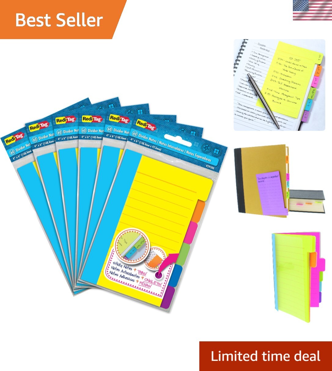 Assorted Neon Color Tabbed Notebooks: 4×6” Lined Self-Stick Notes, 6 Count