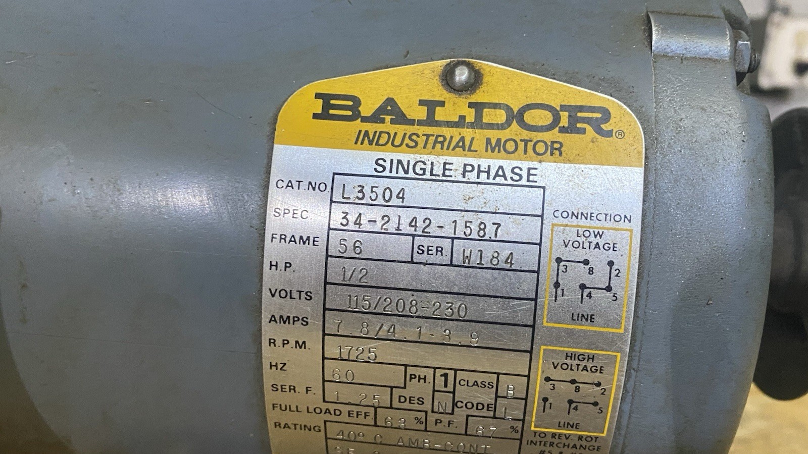 Baldor Electric L3504 1/2 HP 1725 RPM General Purpose Motor, Lathe Mill Shaper
