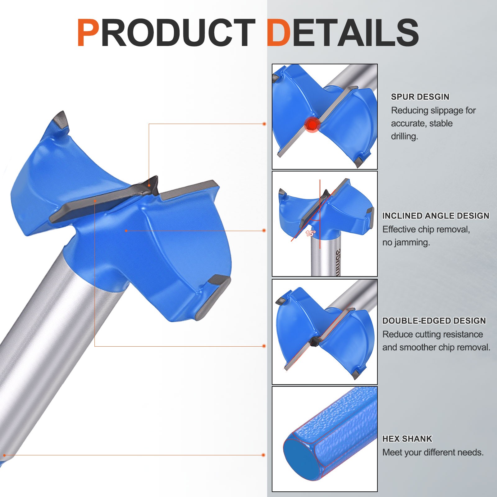 1-9/16″(40mm) Forstner Bit, 1Pack 2 Flutes Cemented Carbide Hex Shank, Blue