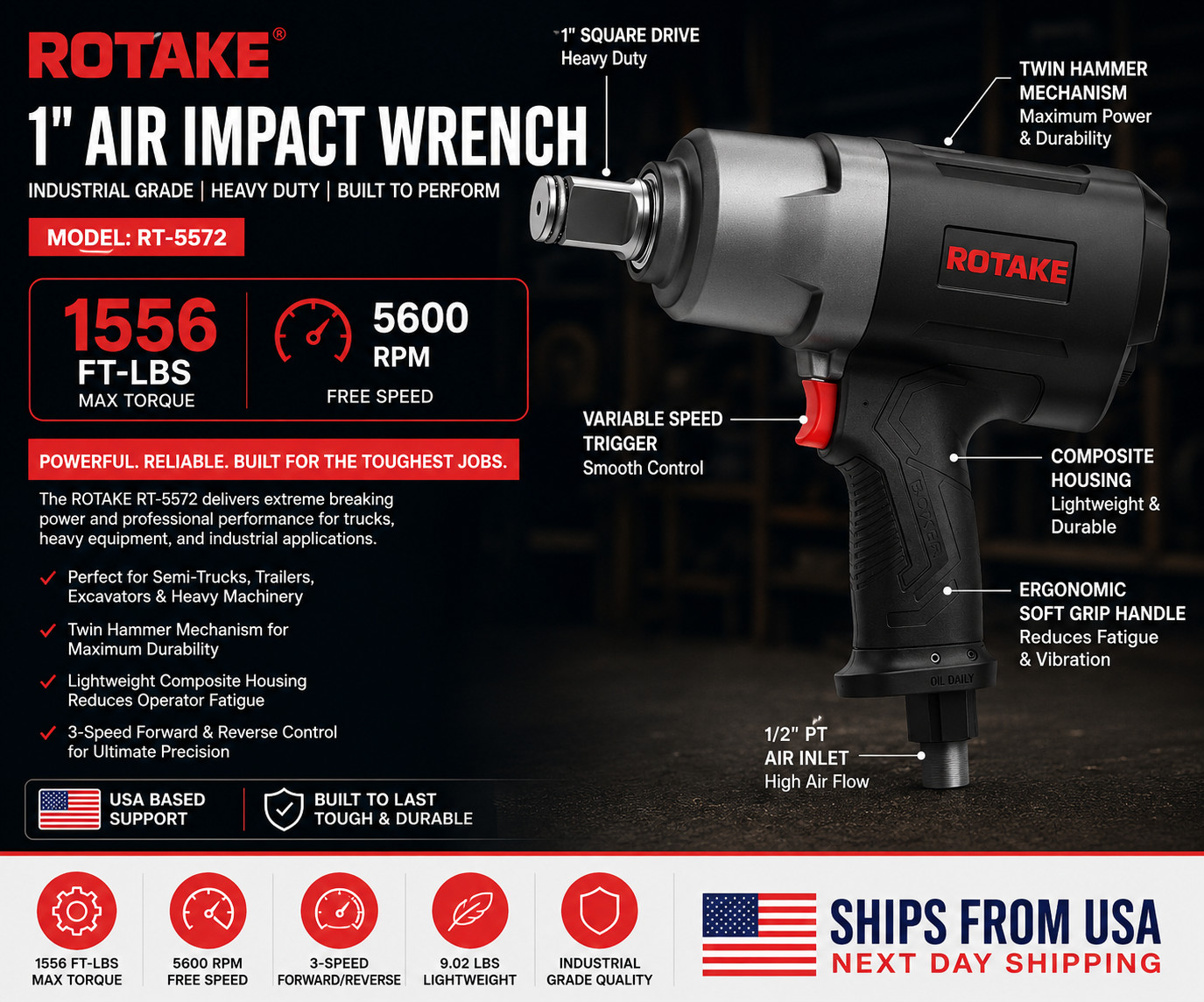 Air Impact Wrench 1556 Ft-Lbs Heavy Duty Pneumatic Gun for Trucks RT-5572 H Duty