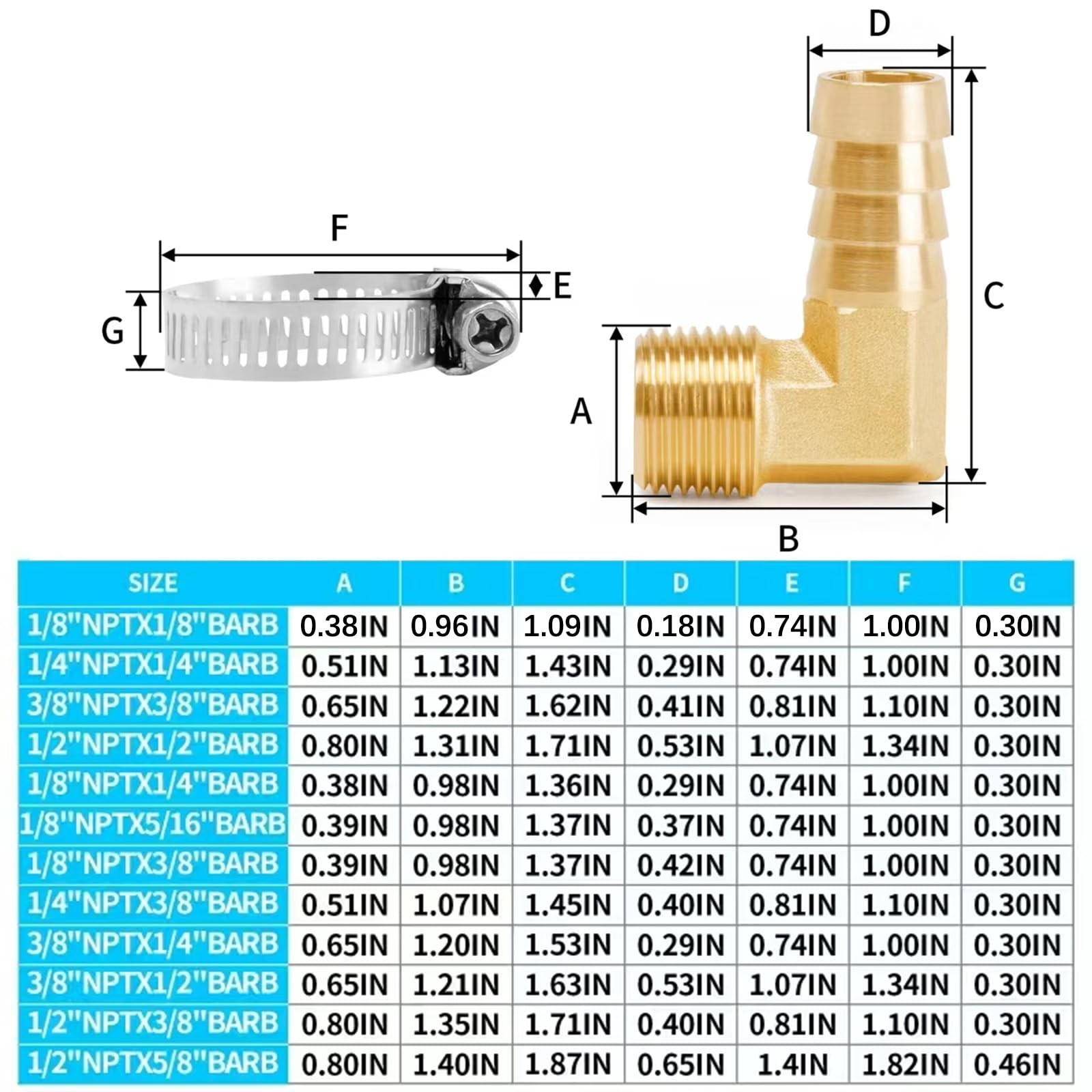 90° Elbow Brass Hose Barb Fittings 1/2″ x 3/8″ NPT Male Adapter + Clamps (6-Pack