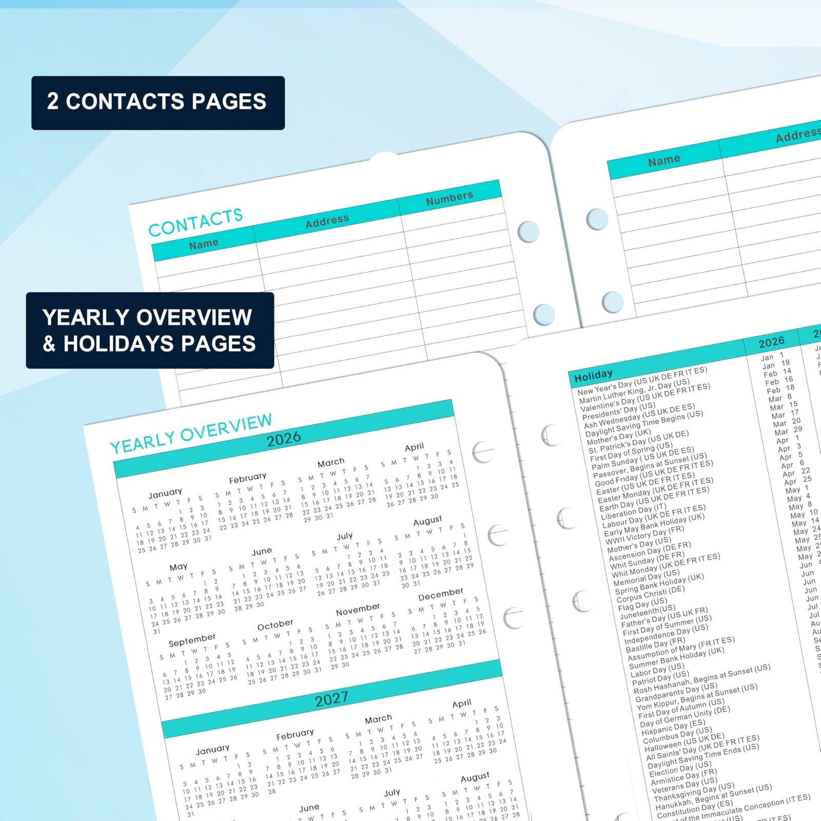 A5 Planner Refills 2026-2027 Weekly Monthly Inserts 7 Hole Jul26-Jun27 Tabs (
