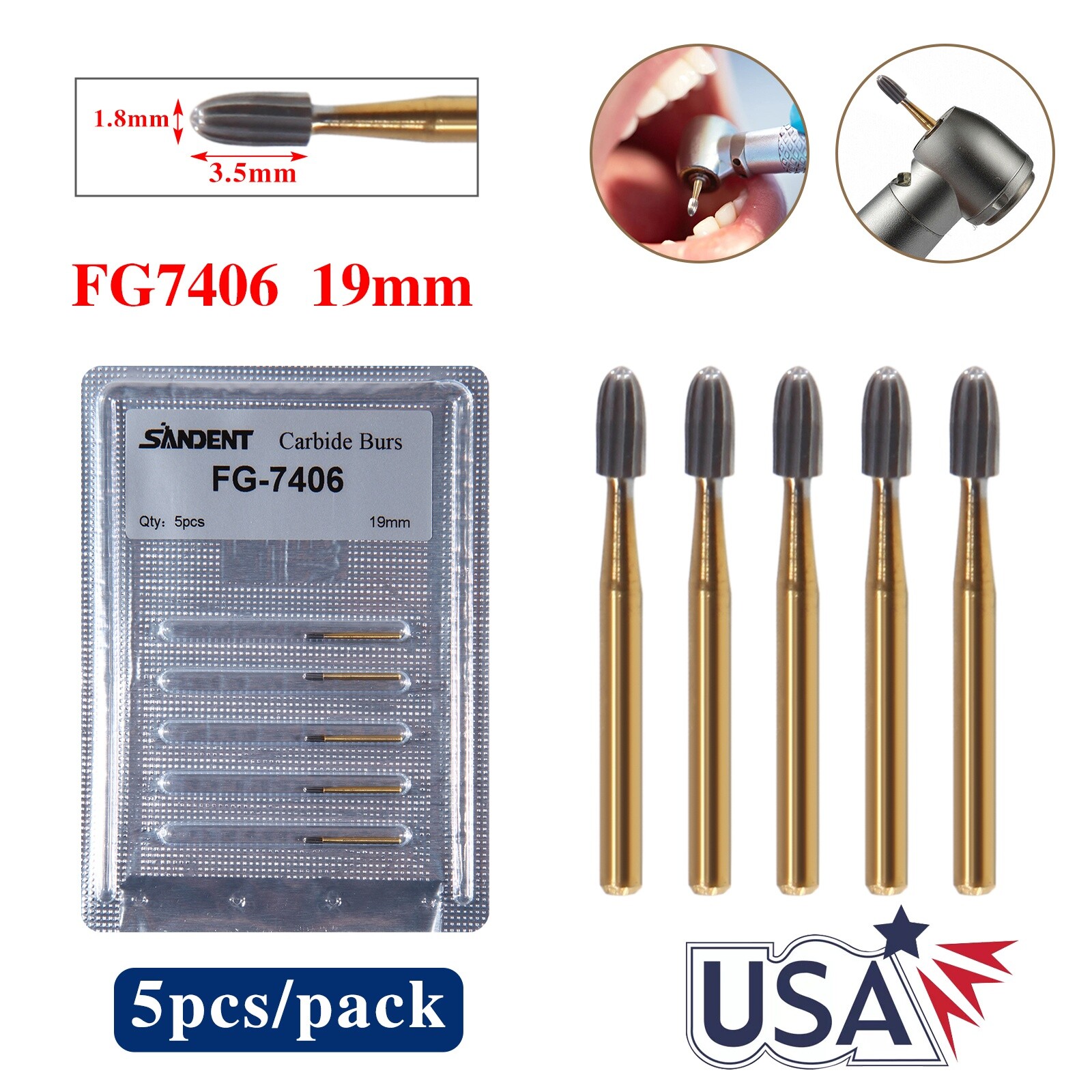 5 packs Dental Tungsten Carbide Burs Trimming & Finishing Egg Football FG 7406