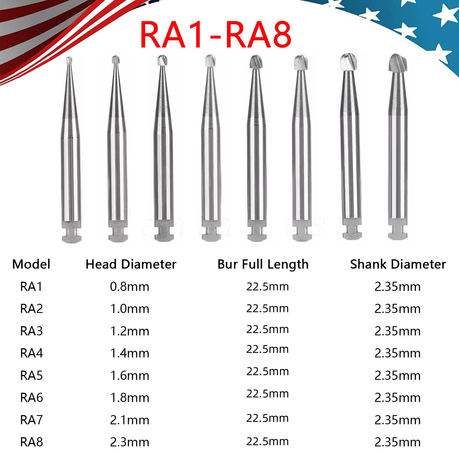 Dental Round Carbide Bur for Slow Speed Latch Type RA 1# -RA 8# Burs 22.5mm