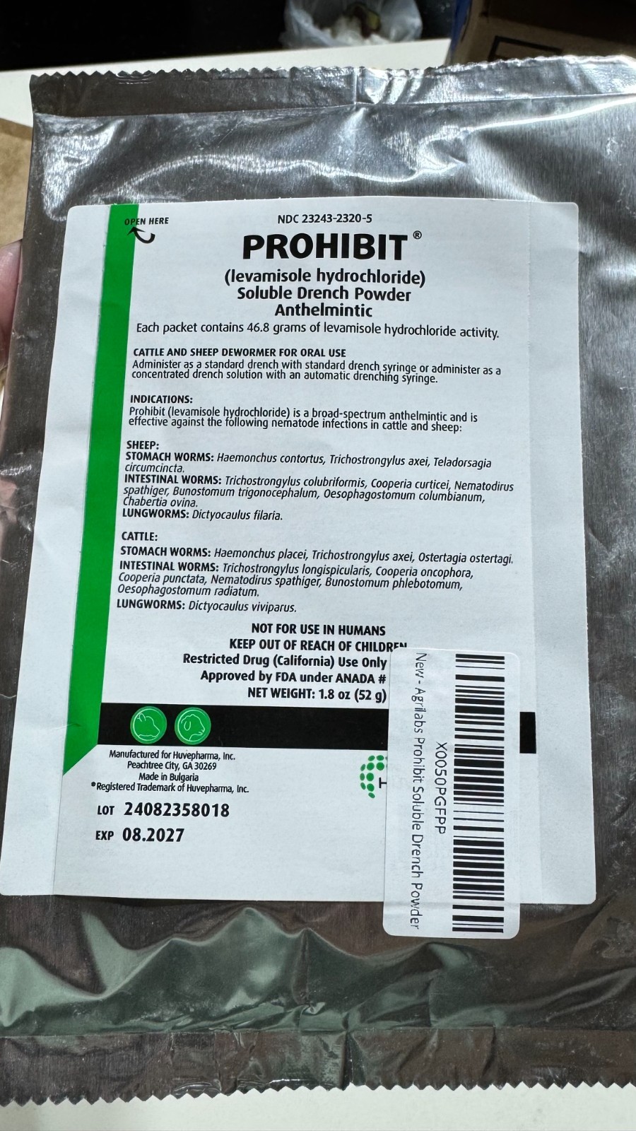 5 Packs Agrilabs Prohibit Soluble Drench Powder for Cattle and Sheep Exp:08/27