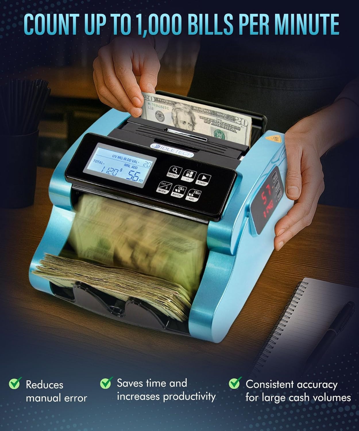 Idletech BC-1100 Blue Bill Counter with Counterfeit Detection MG, UV, IR