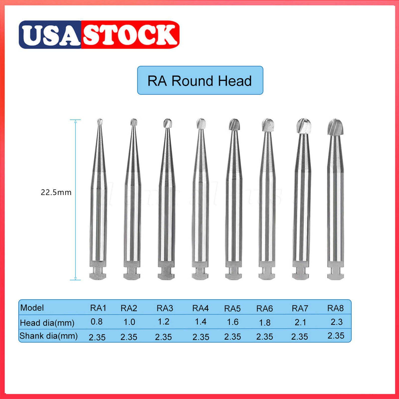 Dental Round Carbide Bur for Slow Speed Latch Type RA 1# -RA 8# Burs 22.5mm