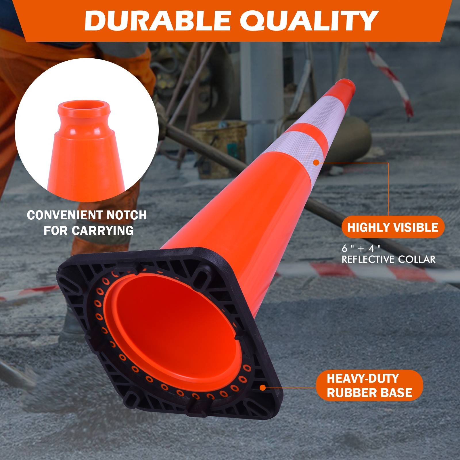 6 Pack 36″ Orange Traffic Safety Cones Durable PVC with Weighted Black Base