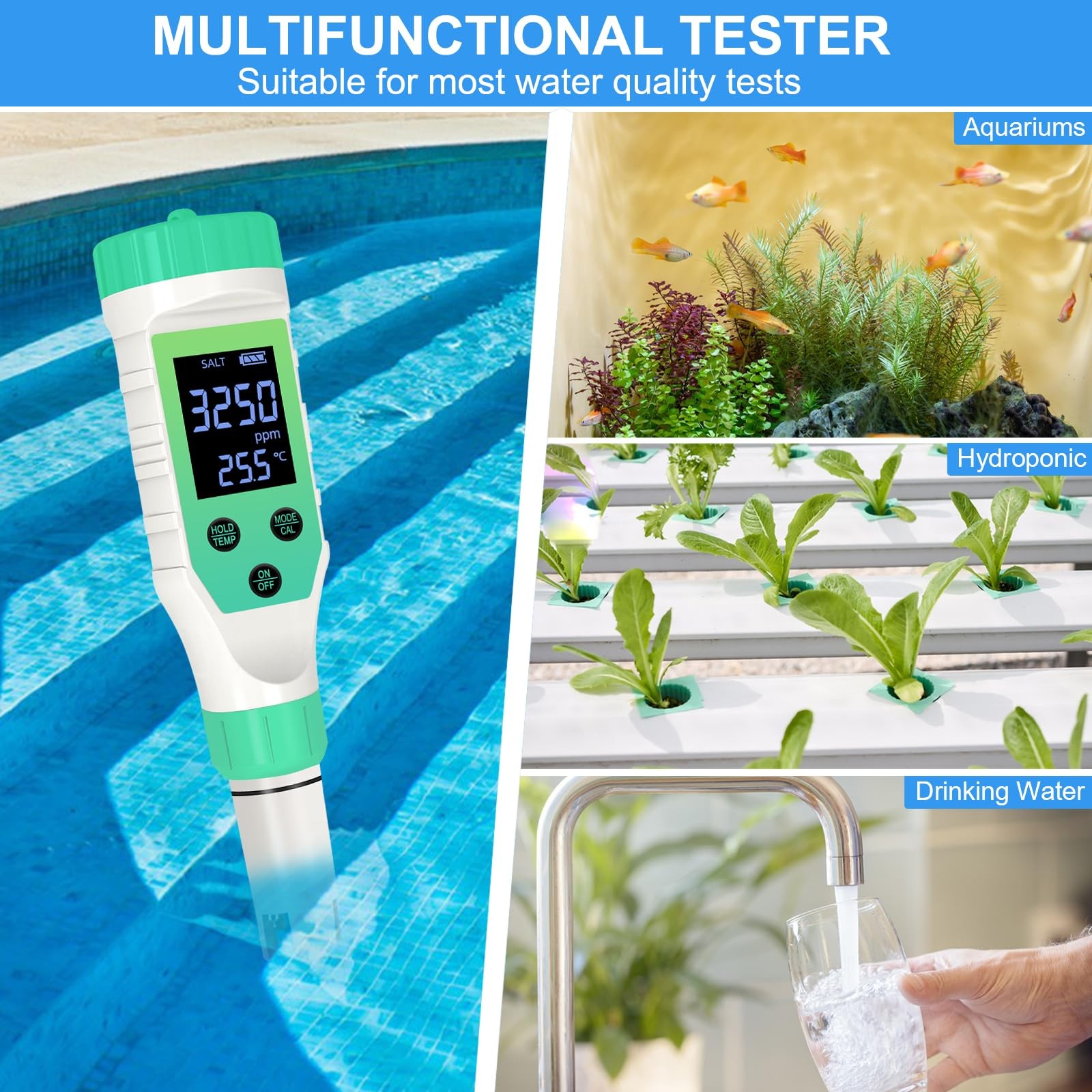 7-in-1 Digital Pool Water Tester for Salt, pH, Chlorine, & More