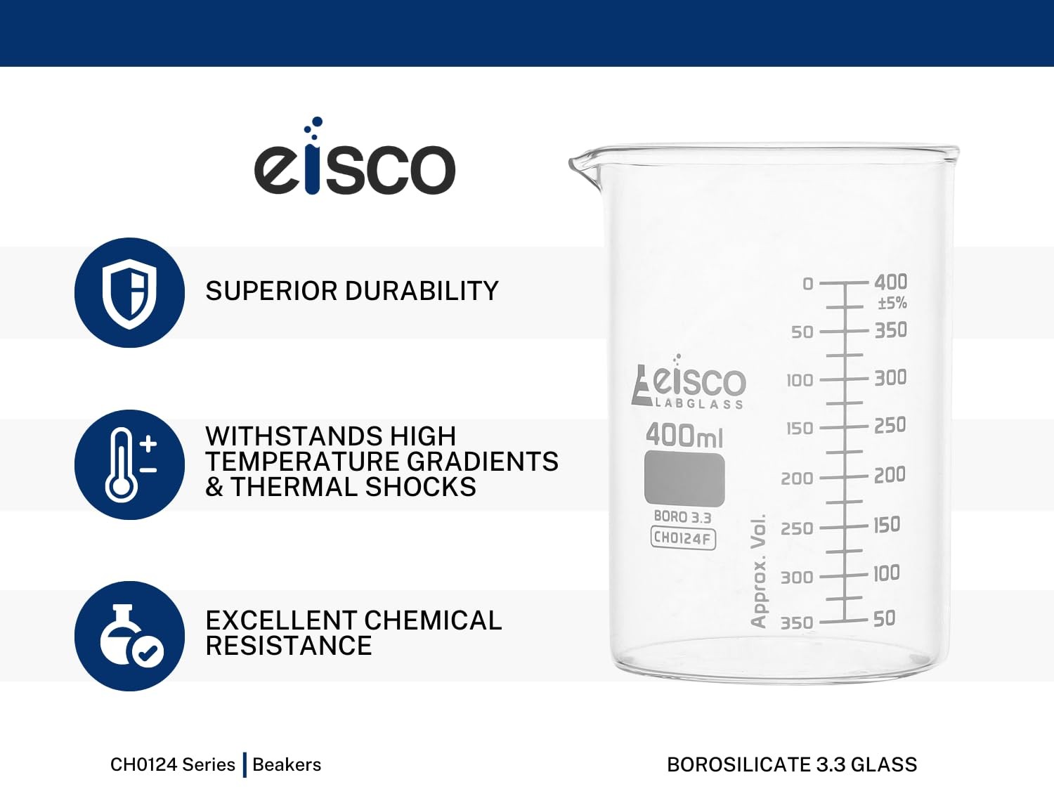 Eisco Labs 20ml Low Form Beakers, ASTM – Borosilicate Glass – 12 Pack
