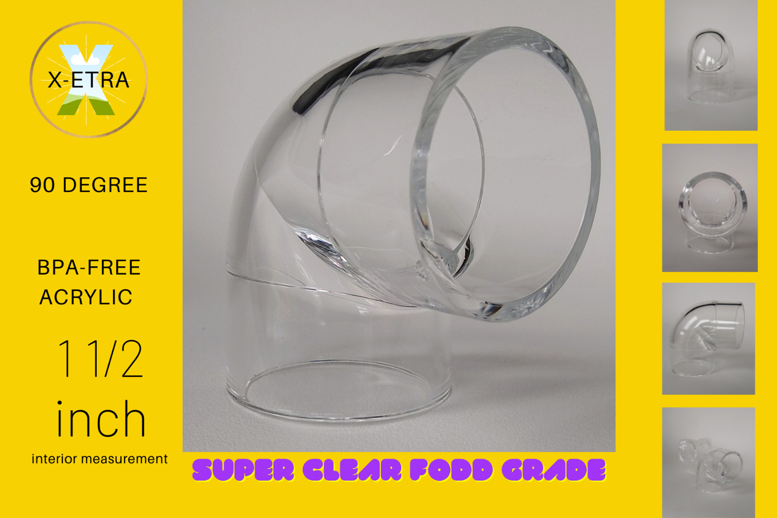 Clear Acrylic elbow 90 degree High clarity smooth finish, light weight. 1 1/2″