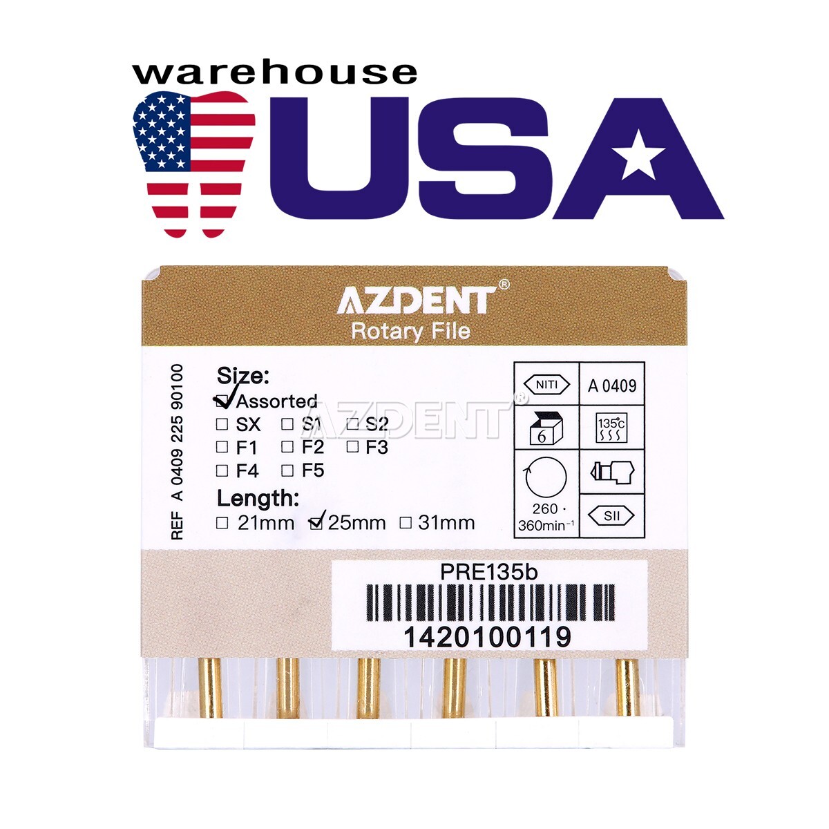 AZDENT Dental Endo Rotary Files Gold Taper NITI Endodontic Root Files SX-F3 25MM
