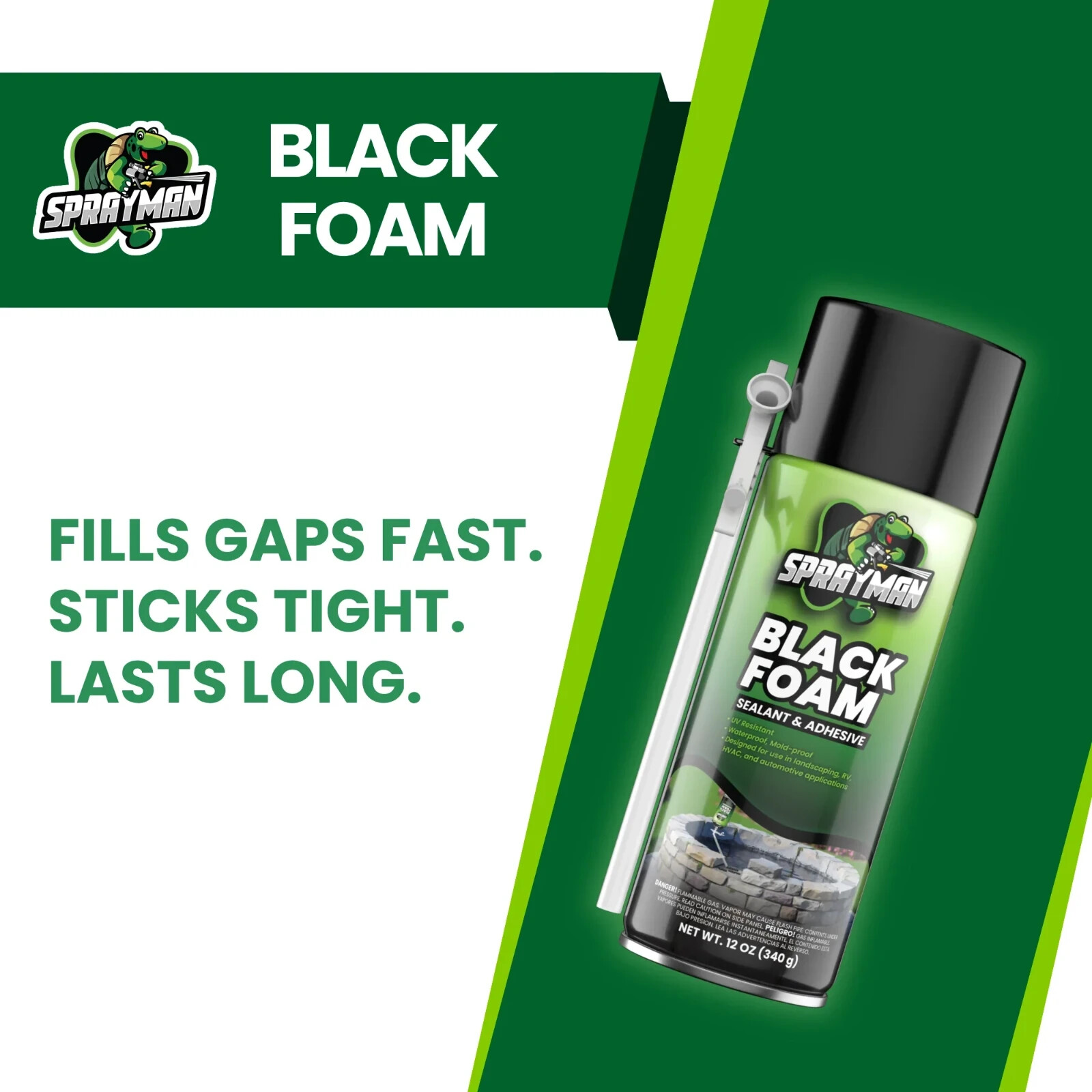 Sprayman Black Foam Sealant – Pond Waterfall Landscaping, 12oz 2 Pk – Straw Use