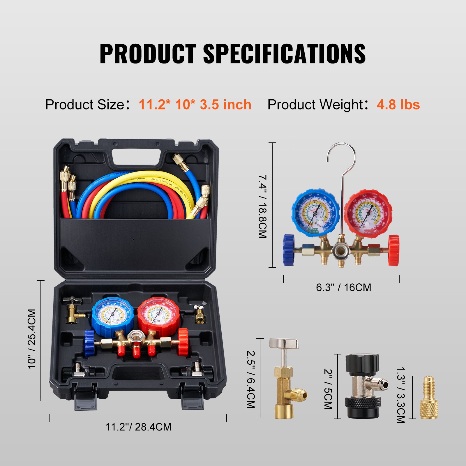 VEVOR AC Manifold Gauge Set 3-Way Fit R134A R12 R502 Refrigeration Charging