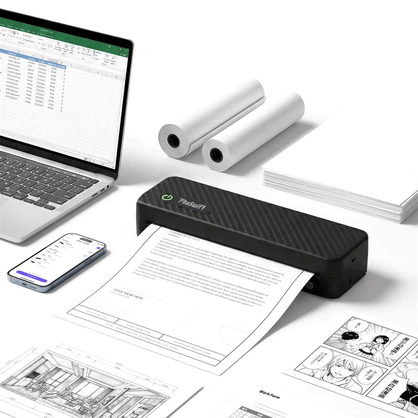 Phoswift Portable Thermal Printer For Laptop Inkless Bluetooth Printer Support