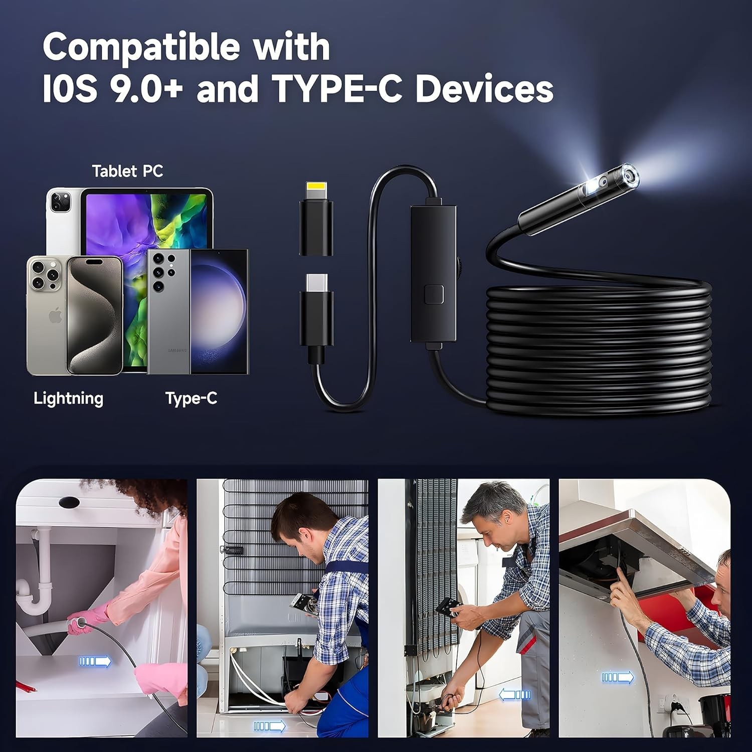 1920P HD Endoscope Borescope 8mm Inspection Snake Camera for iPhone Android iOS
