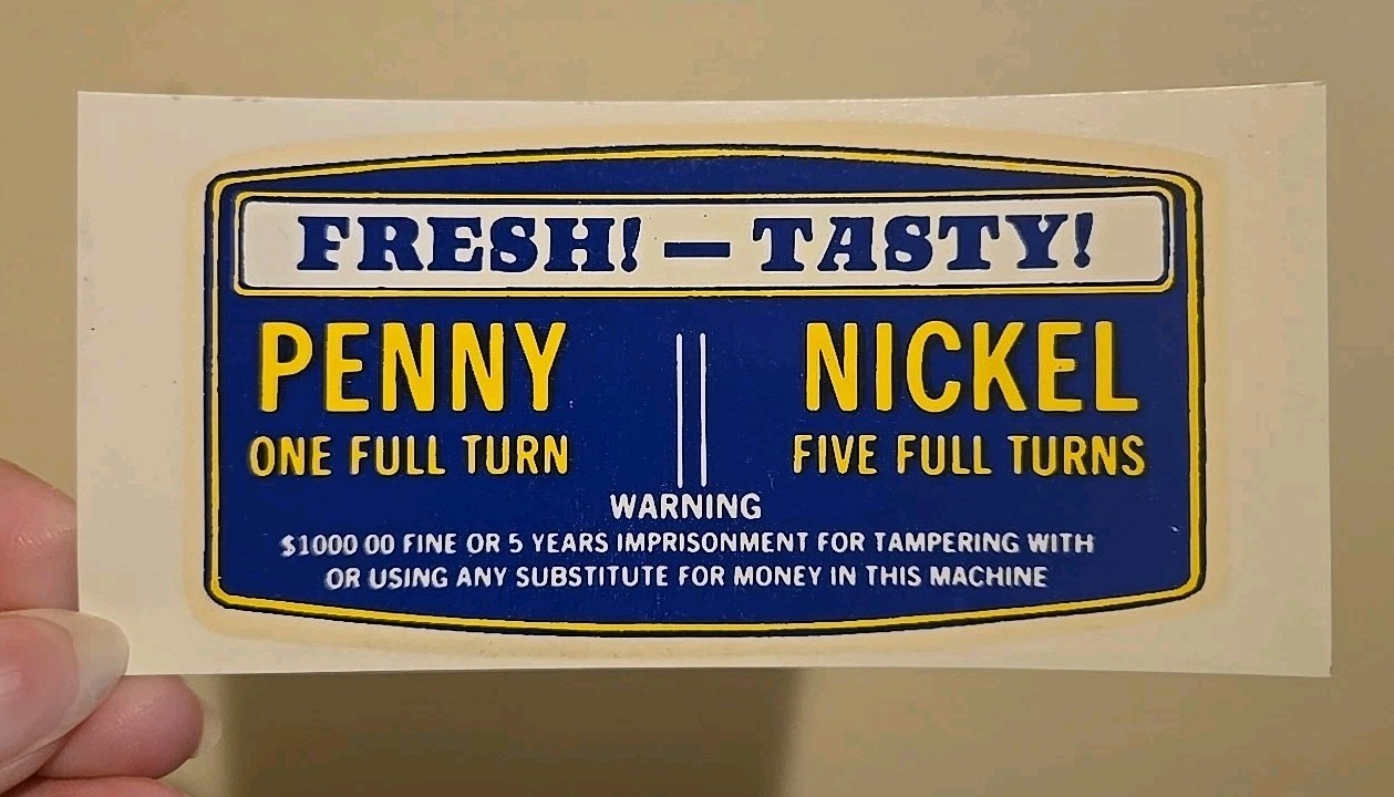 Penny Nickel Fresh Tasty Decal for Norris Master Peanut Gumball Vending Machine