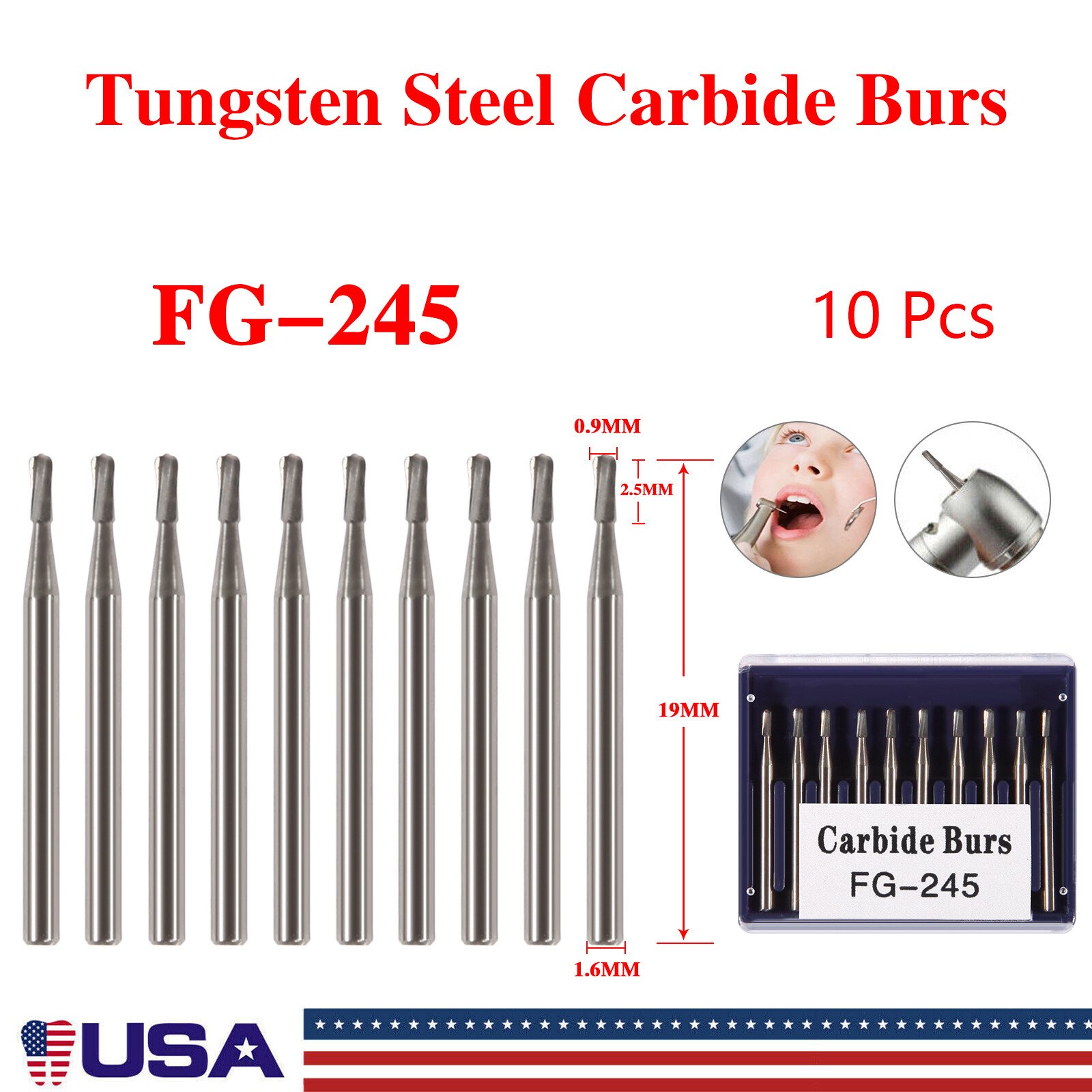 10Pcs Dental FG 245 Tungsten Carbide Burs Pear-Shaped For High Speed Handpiece