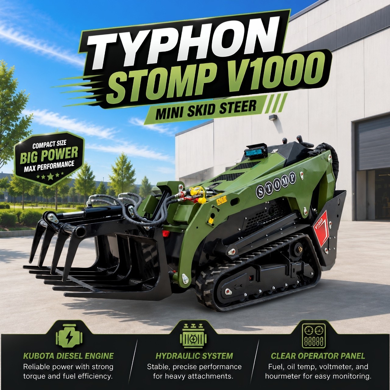 TYPHON STOMP V1000 1.5Ton Skid Steer Loader Kubota D1105 w Grapple and Bucket