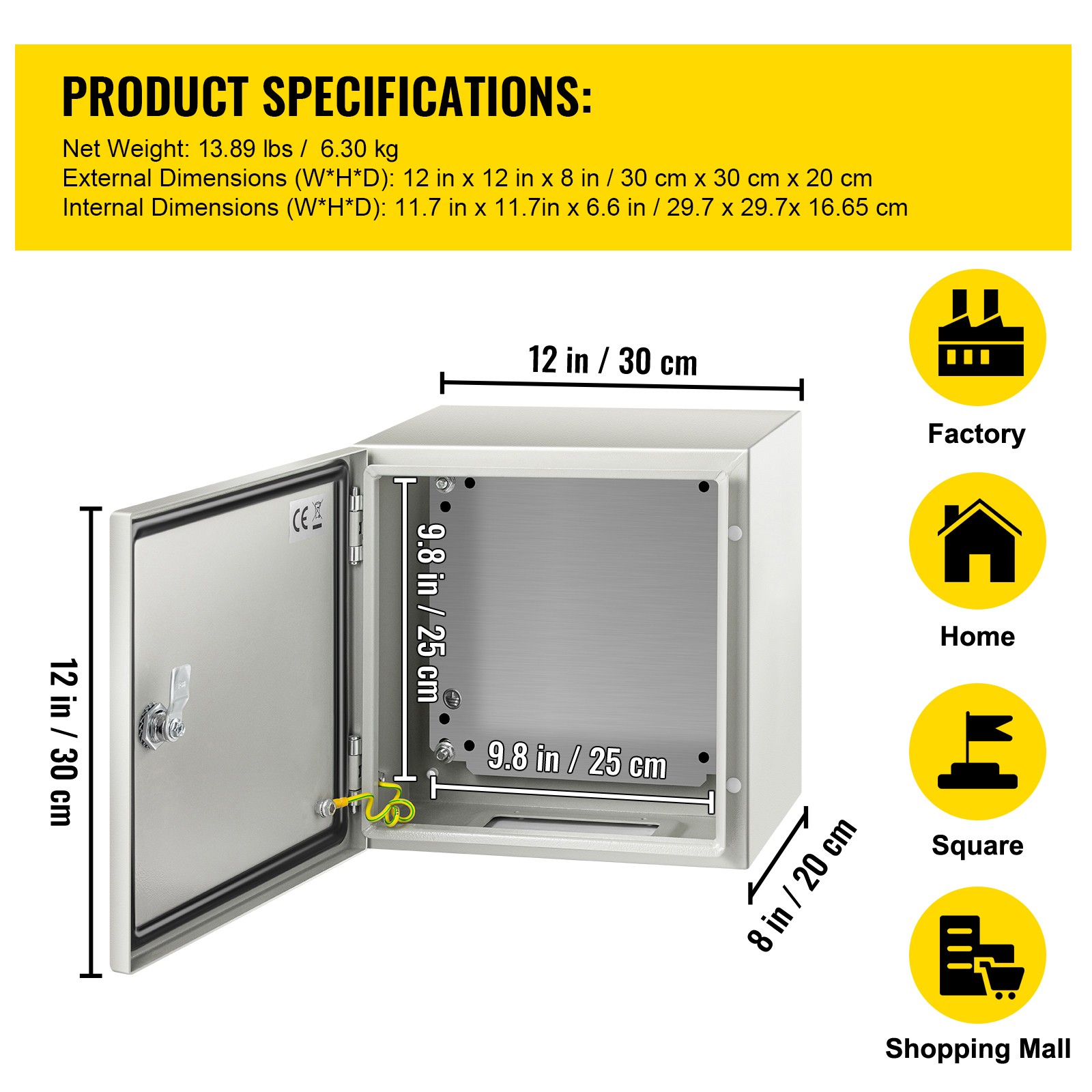 VEVOR Steel Electrical Box Electrical Enclosure Box 12x12x8” Carbon Steel IP65
