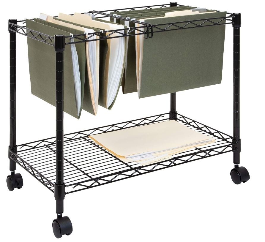 Rolling File Cart With Folder Rack Wheel Locks 2-Tier Black