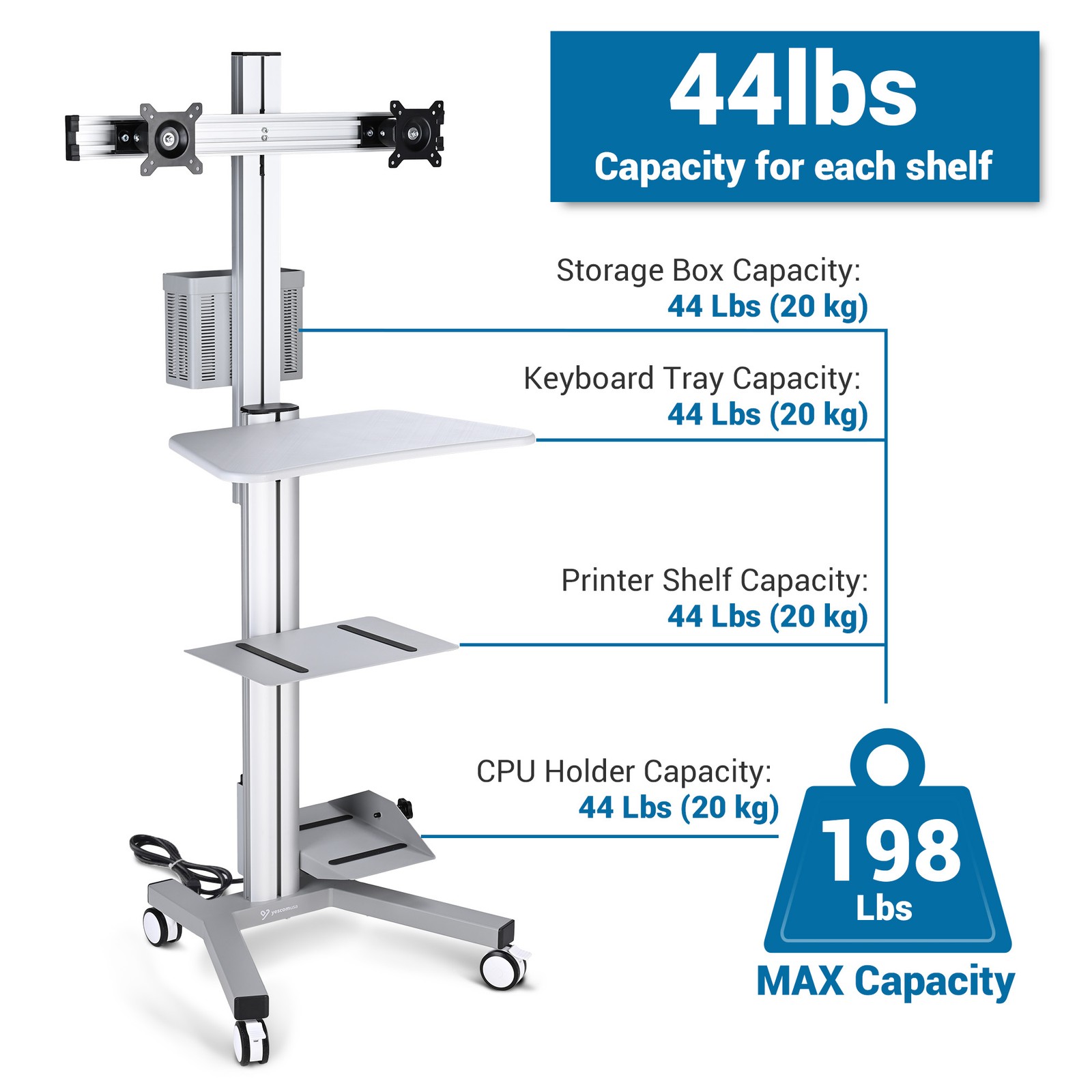YesSources Medical Mobie PC Cart Computer Dual Mount Extension Pole CPU Holder