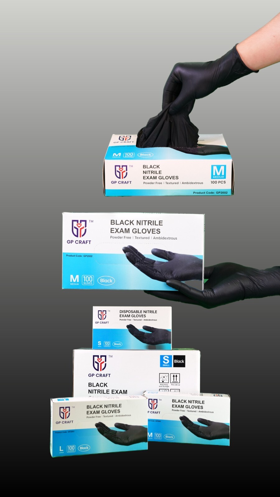 GP CRAFT Disposable Nitrile Exam Gloves, 4 Mil, Black, Chemo Rated, Case of 1000
