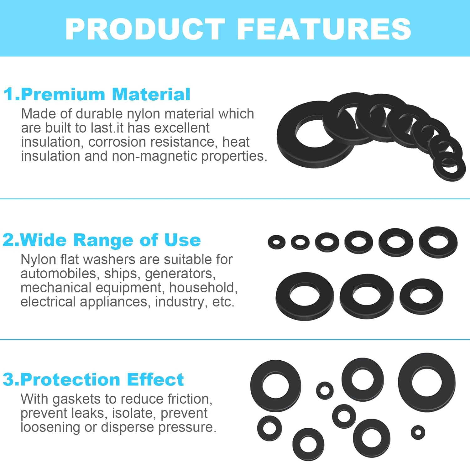 1200 Pcs Nylon Flat Washers for Screws Bolts Black Plastic Washers Premium Fen