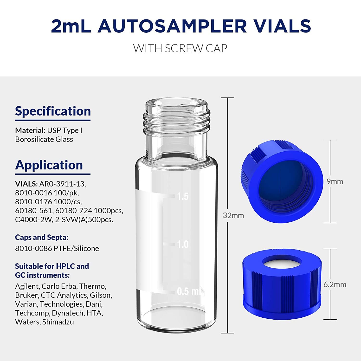 2ml Clear Glass Vials, 9-425 Thread, Type 1 Borosilicate, High Clarity, for Lab