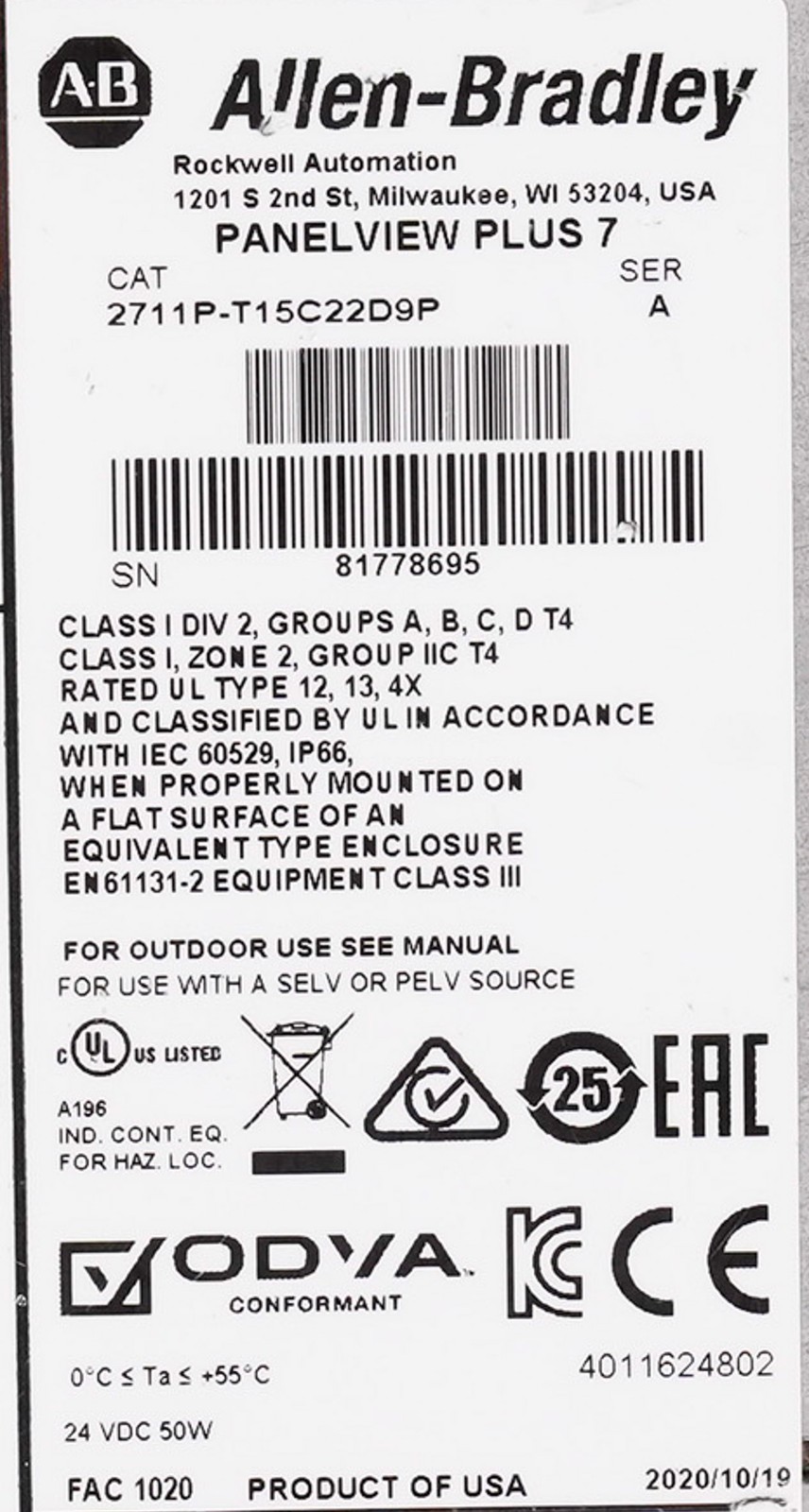 Allen Bradley 2711P-T15C22D9P /A PanelView Plus 7 Display Series A Refurbished