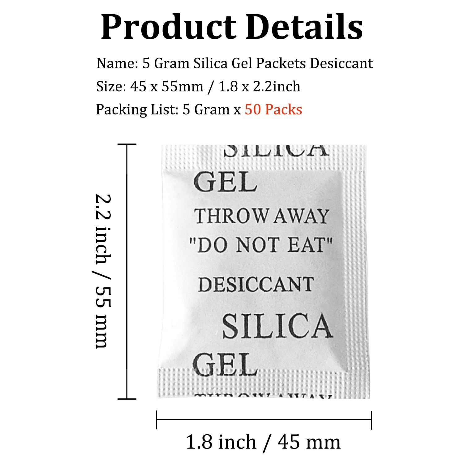 Silica Gel Packets – 50 Packs of 5 Grams, Food Safe Moisture Absorbers, Reusable