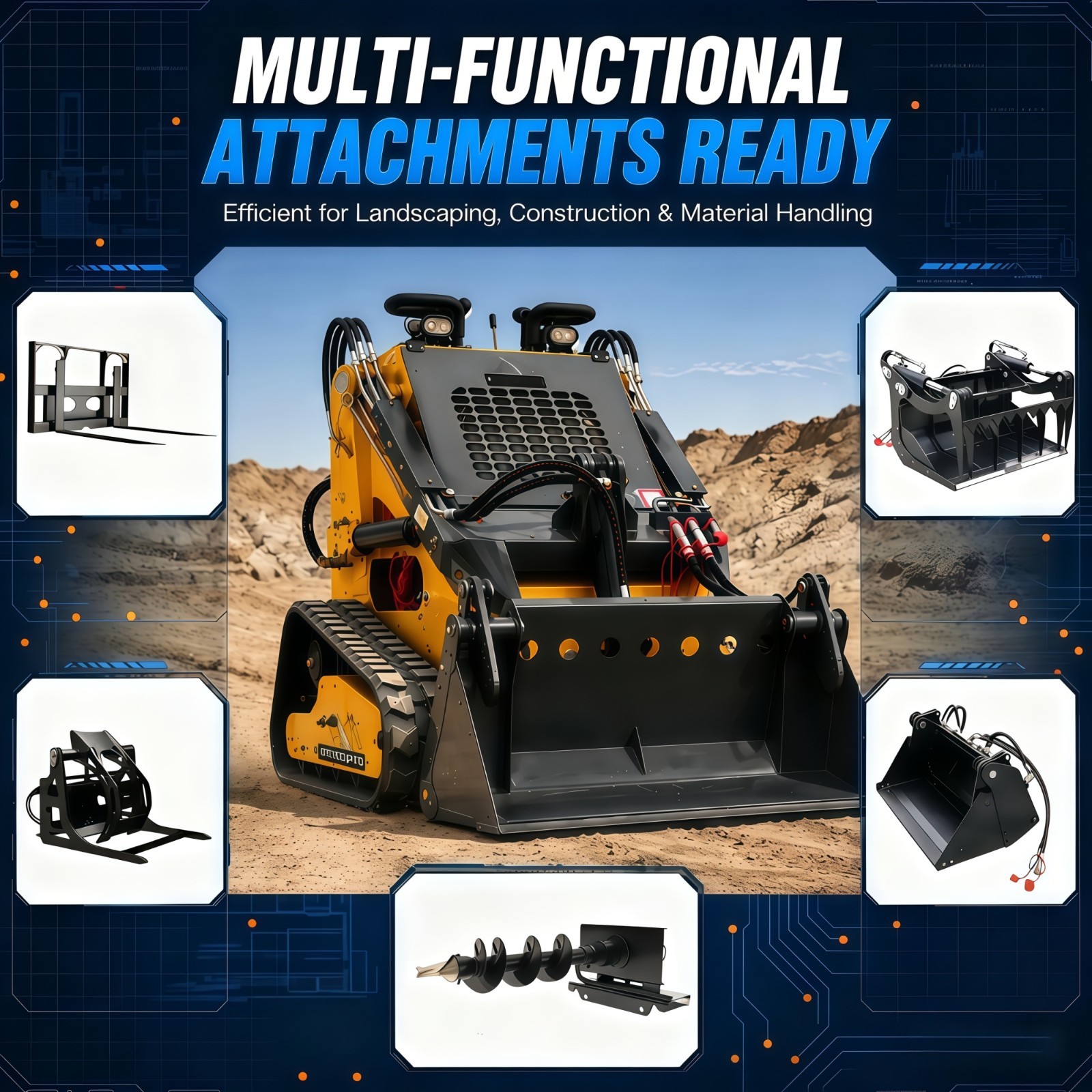 24HP Mini Skid Steer Loader 4in1 Bucket 3-Stage Pump Hydraulic System W/Forklift