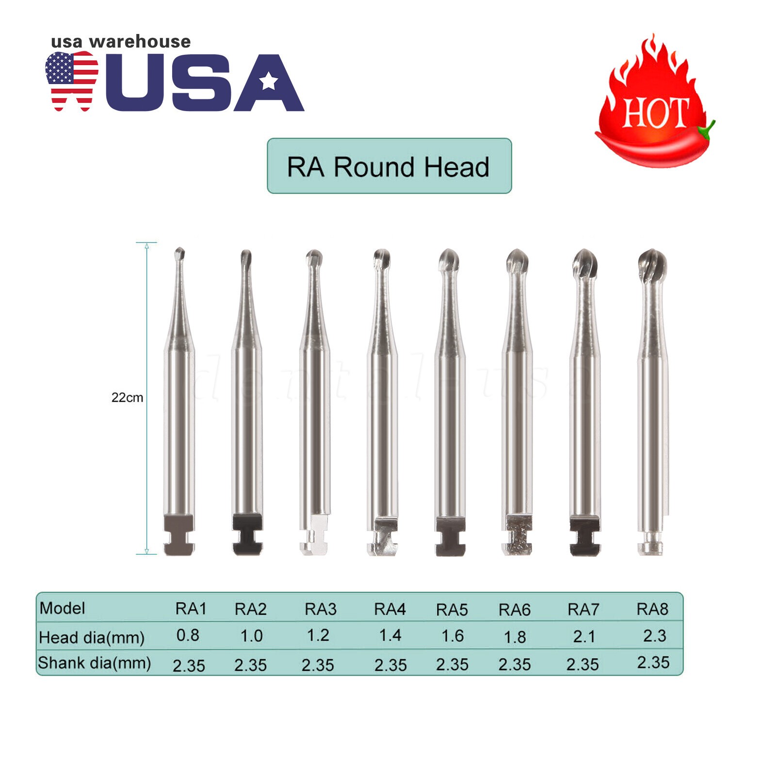 Dental Round Carbide Bur for Slow Speed Latch Type RA 1# -RA 8# Burs 22.5mm