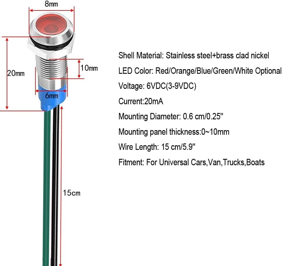 6mm 3V-4.5V-5V-6V-7.5V-9VDC Waterproof Signal Lamp with Wire, LED Metal Indic…