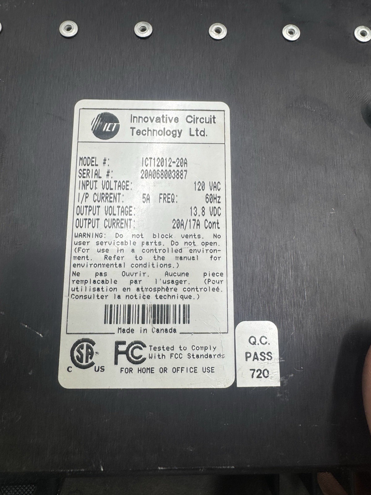 ICT Innovative Circuit Technology COMM SERIES ICT12012-20A Power Supply Untested