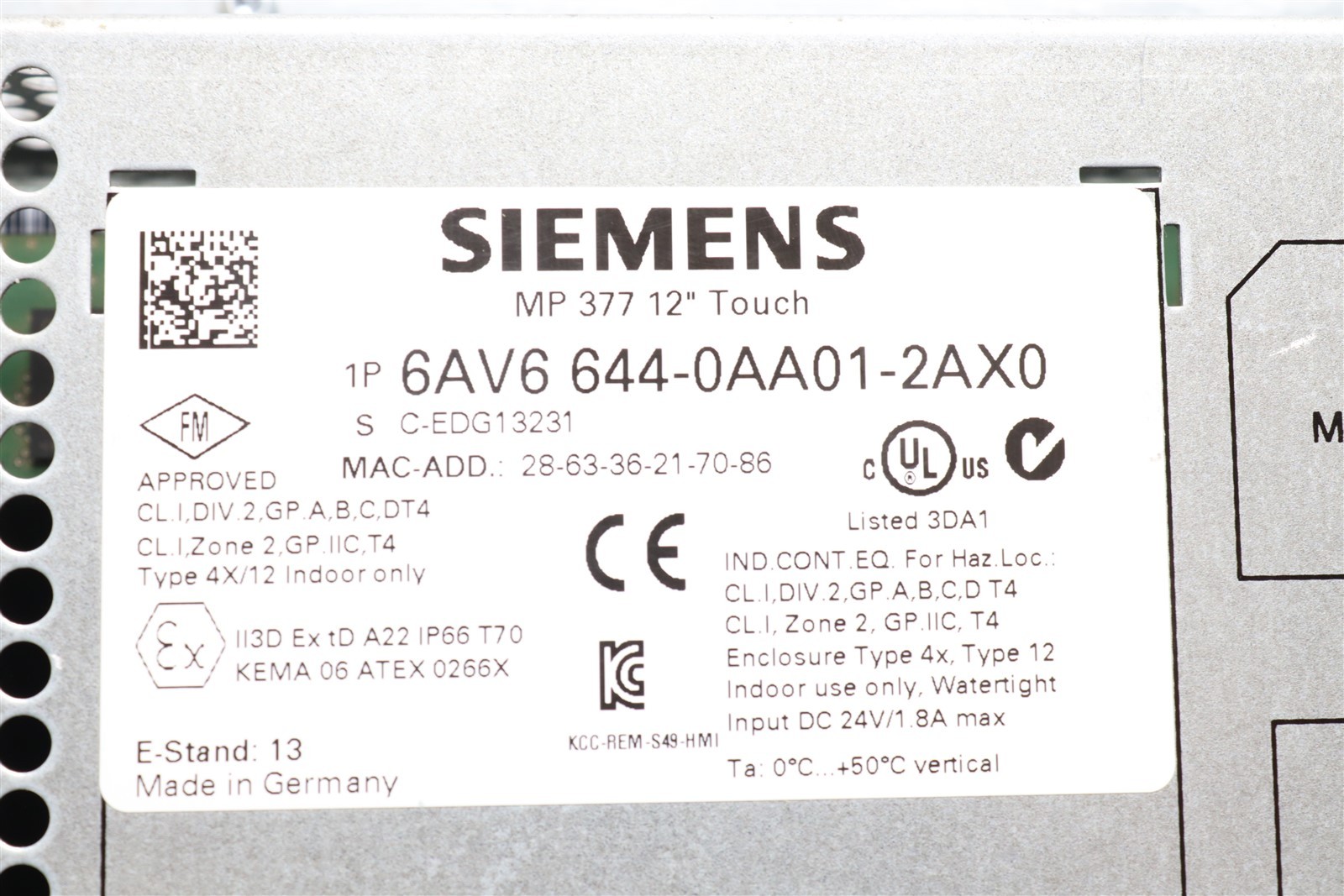 SIEMENS MP 377 TOUCH PANEL 6AV6 644-0AA01-2AX0