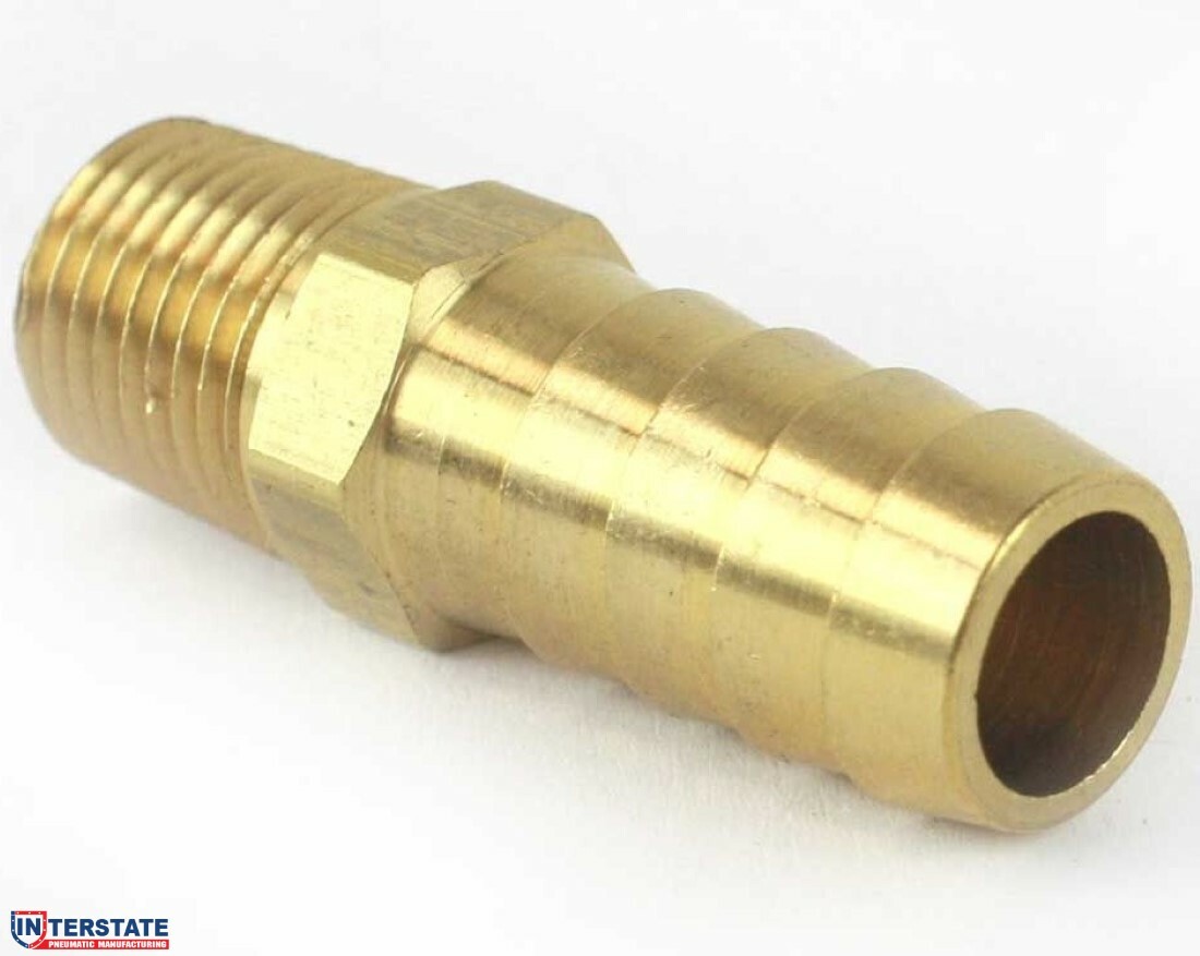 1/2″ Barb x 1/4″ NPT Male Brass Hose Fitting, Air Gas Fuel Water FM48 Interstate