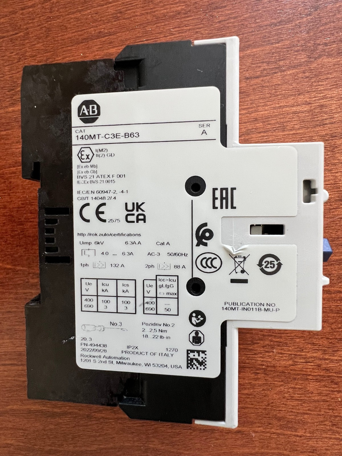 Allen-Bradley AB 140MT-C3E-B63 Motor Protection Circuit-Breaker SER A 88A