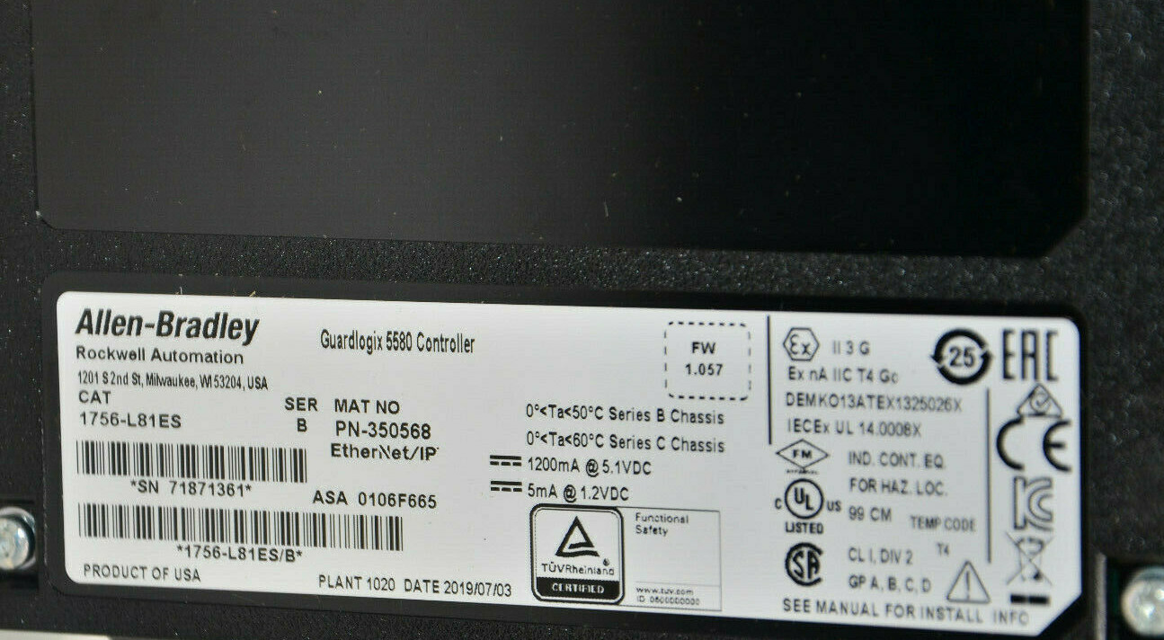 1756L81ES-B Allen-Bradley 4.5MB Processor Unit CPU GuardLogix 5580 -SA