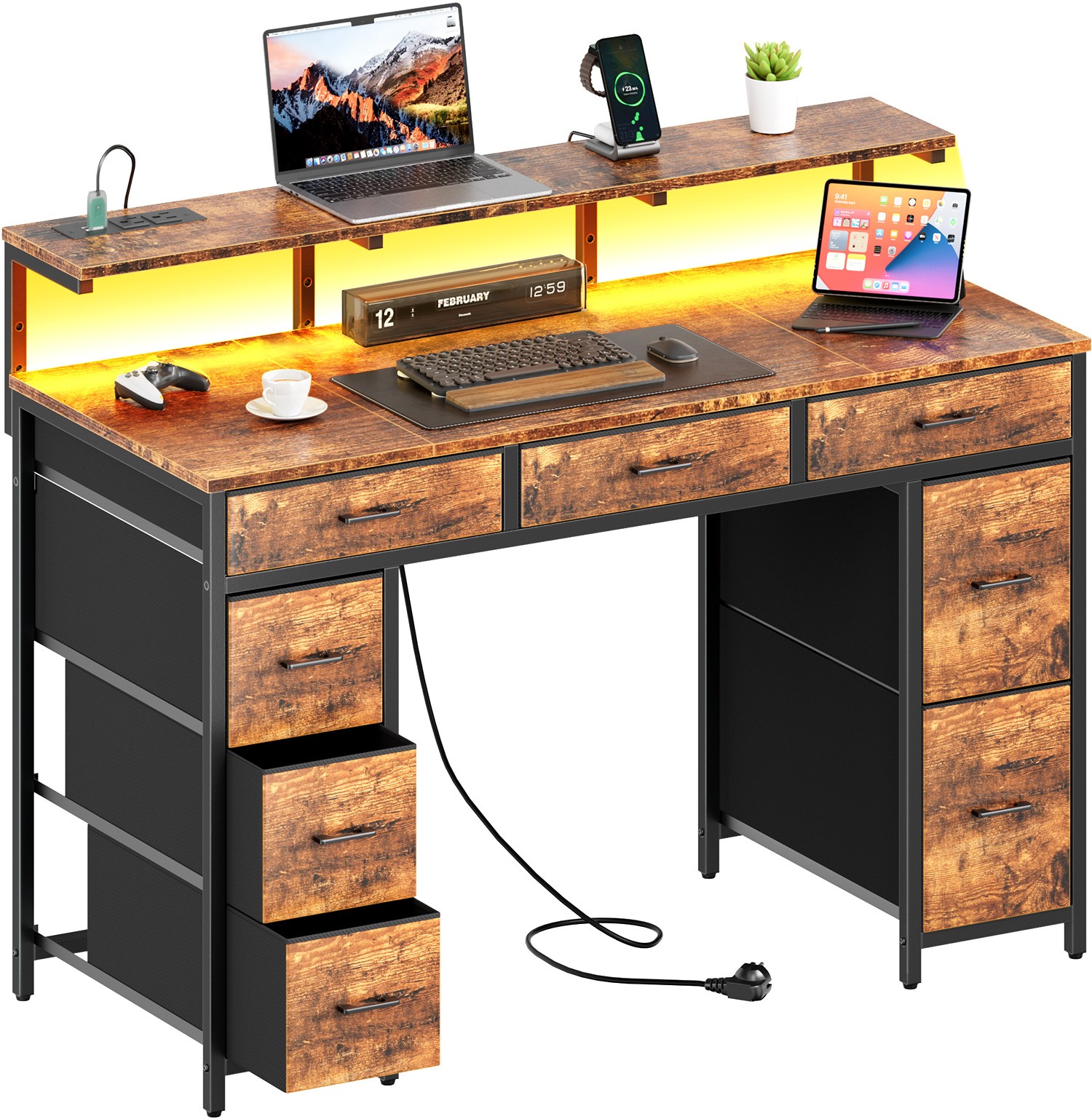 Computer Desk with 8 Fabric Drawers, Gaming Desk with Power Outlets & LED Lights