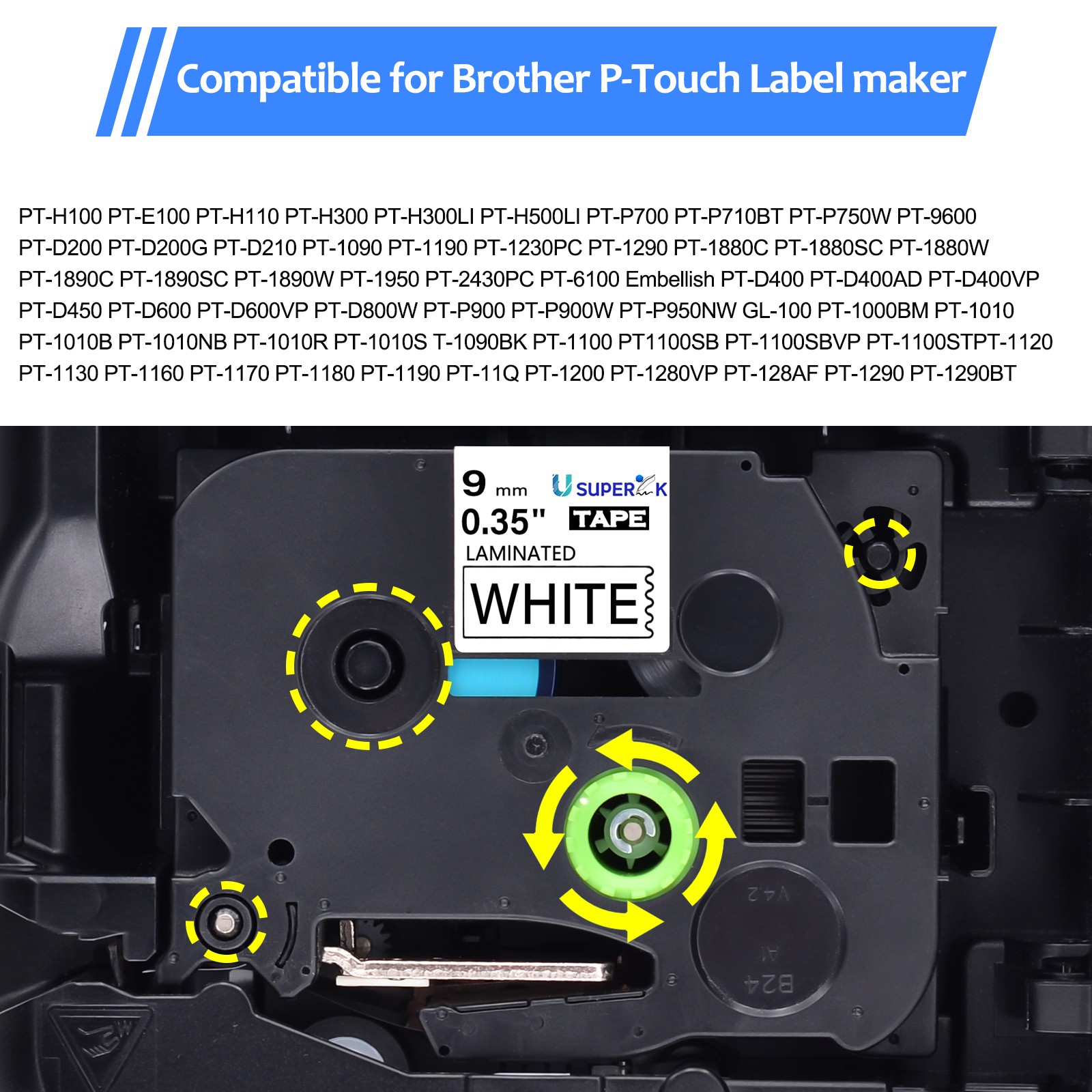 TZ TZE-221 Multiple options Fit Brother P-Touch PT-1910 1610 Black on White 9mm