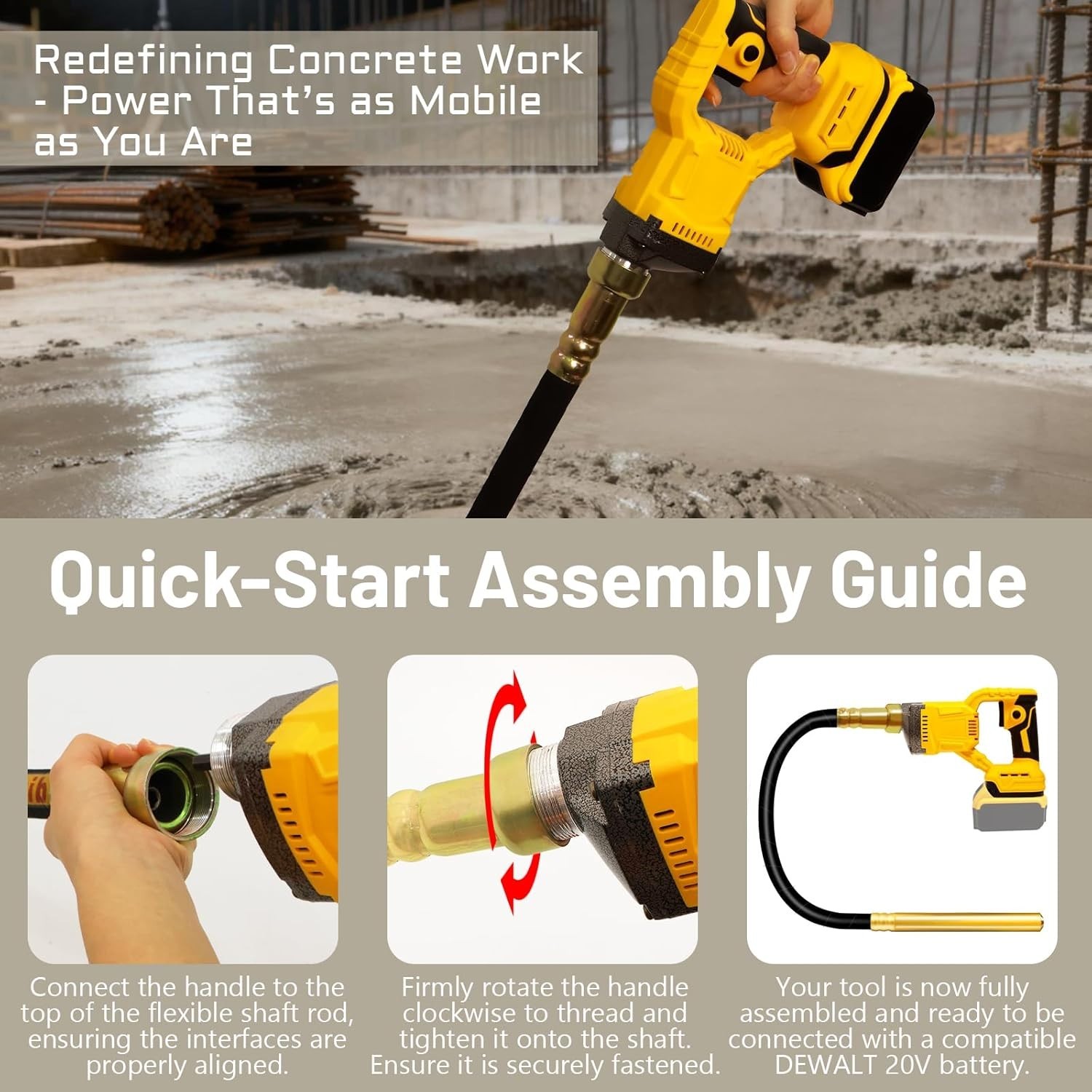 Handheld Concrete Vibrator 20V Cordless 800W 3.8ft Shaft Dewalt Compatible