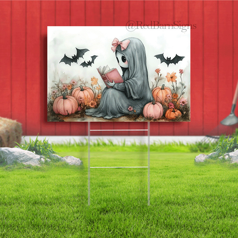 A ghost watercolor holding a pink bible Halloween yard sign