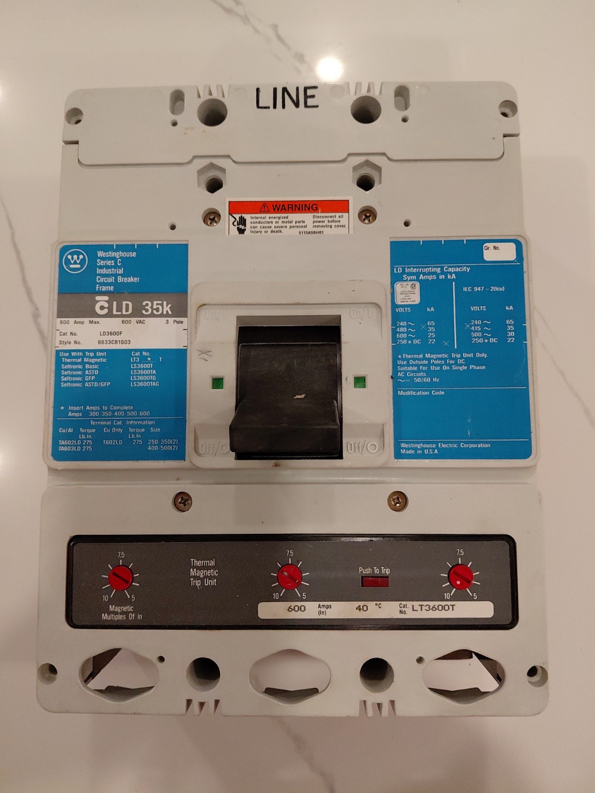 Westinghouse LD3600F 600Amp 600Volt 3Pole Bolt-On Breaker w/ 6000Amp Trip Unit