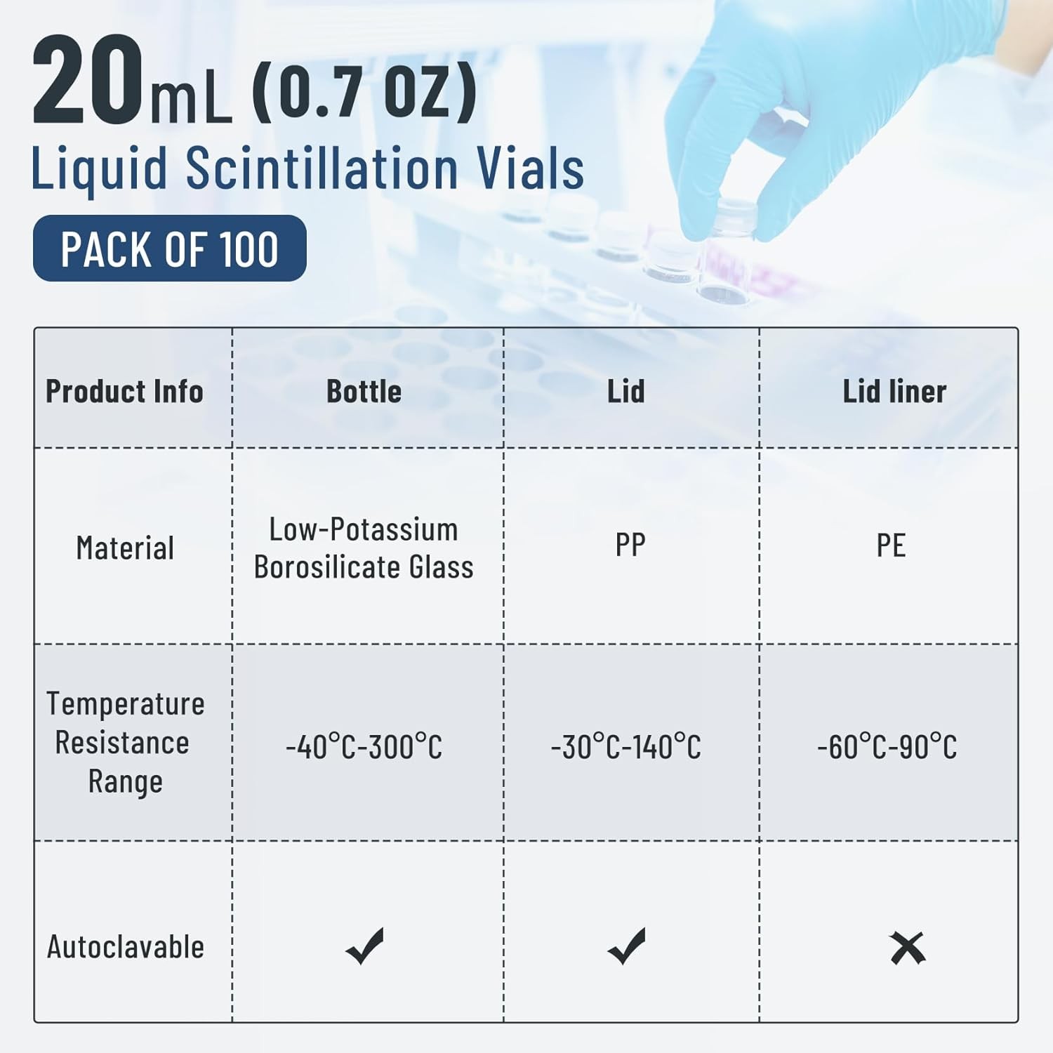 500Pcs 20mL Scintillation Vial Liquid Sample Vials Clear Glass Vials Cone Liner