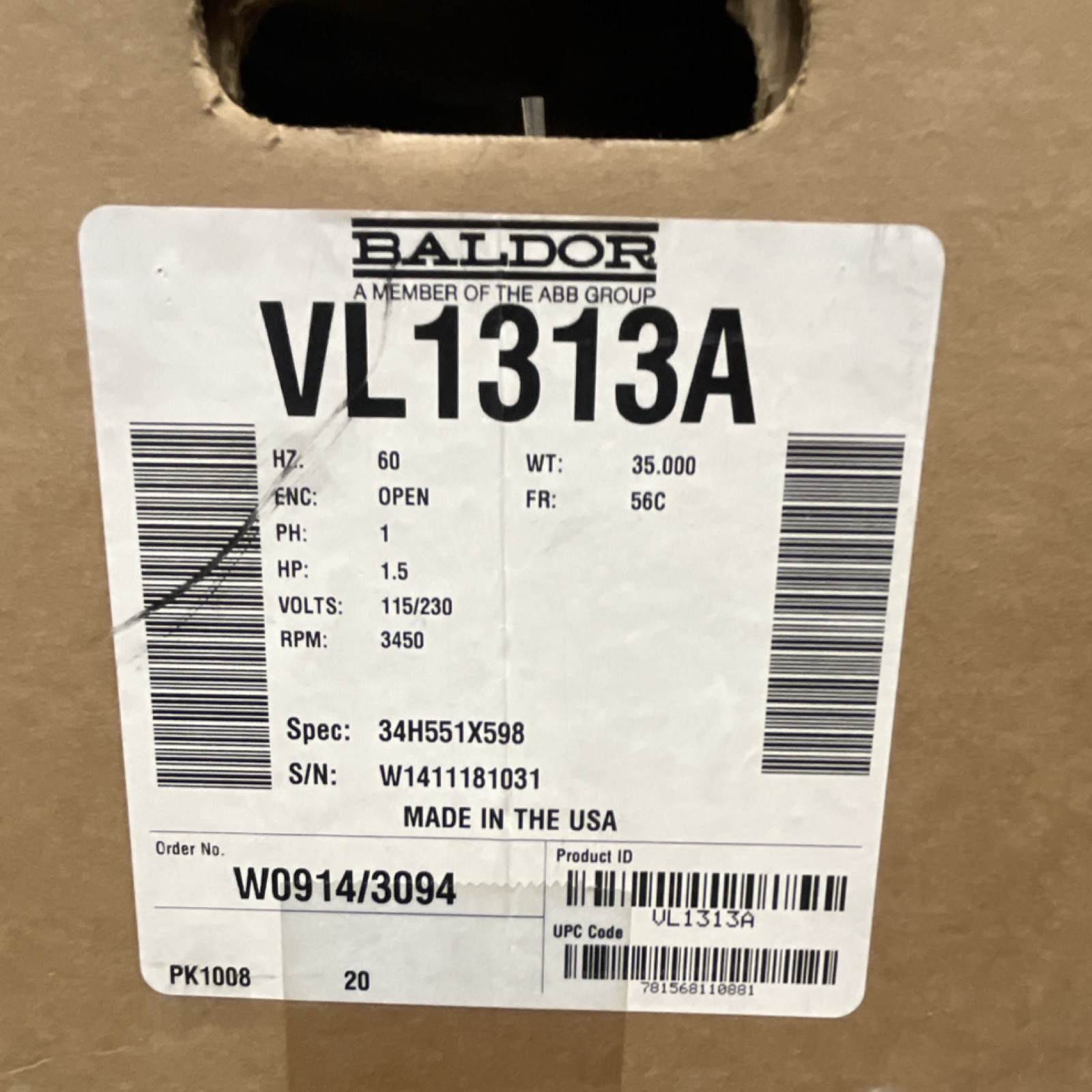 Baldor Reliance VL1313A 1.5 HP 115/230V 3450 RPM 56C Single Phase Motor
