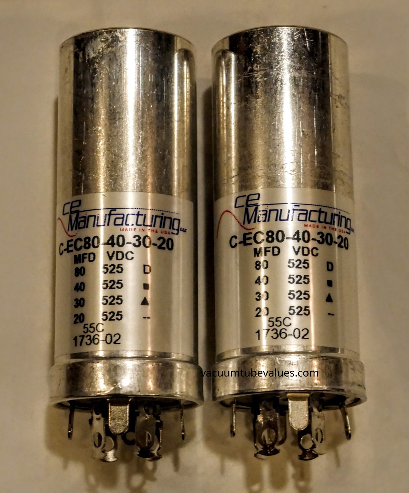 TWO Capacitors CE MFG CAN ELECTROLYTIC MALLORY 525V, 80/40/30/20µF USA MFD